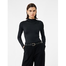 Koton Slim Fit Hafif Dik Yaka Drape Detaylı Uzun Kollu Bodysuit Siyah 6wak80083ek Siyah