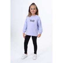 Toontoy Kids Toontoy Kız Çocuk 2'li Takım Baskılı Bisiklet Yaka Sweatshirt & Basic Düz Tayt Açık Lila