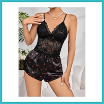 Bezos Kadın Siyah Kırmızı Kalp Desenli Saten Şort Pijama Takımı 2232 Beden: L/xl Renk: Siyah Dfnbez