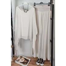 Bohem Stil İtalyan Yarasa Kol İpek Bluz & Pantolon Takım-8767 Bej