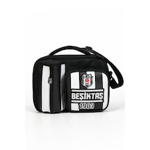 Beşiktaş Lisanslı Çubuklu Desen Rubber Logolu Su İtici Kumaşlı Beslenme Çantası Siyah - Beyaz