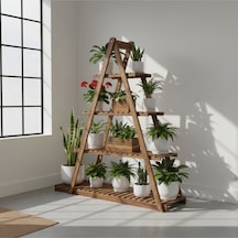 Doğal Ahşap 5 Katlı Merdiven Çiçeklik - 150x150 Cm Taşınabilir Saksı Standı Balkon Bahçe Rafı Kahverengi