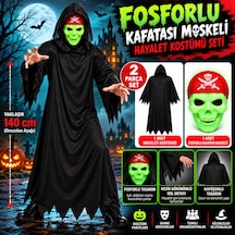 Fosforlu Kafatası Maskeli Siyah Hayalet Kostümü 140 Cm Çok Renkli