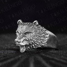 Takılingo 925 Ayar Gümüş 3d Kurt Motifli Eskitme Model Usta İşi Erkek Yüzük Gümüş