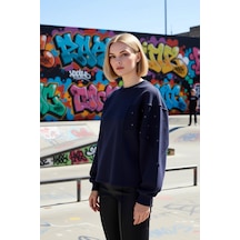 Benerly Kadın Bisiklet Yaka Düşük Kol Oversize %100 Pamuk Sweatshirt Fonk Lacivert