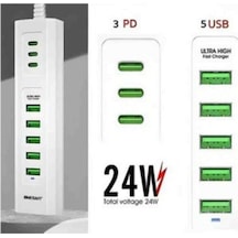 3 Type-c + 5 Usb Girişli 24w Hızlı Şarj Cihazı Çoklu Soket Akım Korumalı Adaptör-1302