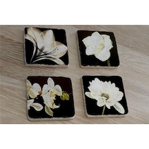 Siyah Zemin Orkide Gerbera Ve Çiçekler Doğal Taş Bardak Altlığı 4'lü Set - Natural Stone Coasters - Taş Siyah