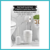 Bezos Metal Standlı Yuvarlak Kovalı & Kağıtlıklı & Fırçalıklı Beyaz Banyo Takımı Dfnbez