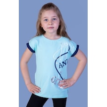 Toontoy Kids Tontoy Kız Çocuk Baskılı Bisiklet Yaka Kısa Kollu Tişört Mint Yeşili