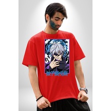 Jujutsu Vintage Washed - Megumi Gojo Anime Manga Pamuklu Bisiklet Yaka Unisex Oversize Boyfriend Dijital Baskılı Kırmızı T-shirt Kırmızı