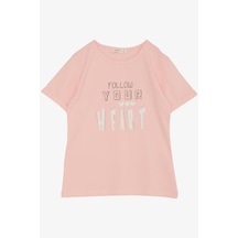 Breeze Kız Çocuk Tişört Taşlı Yazı & Kalp Baskılı 8-14 Yaş, Pembe Pembe