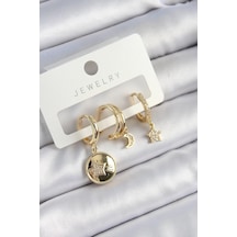 Mey İthalat Pirinç Zirkon Taşlı Yıldız Ve Ay Model Gold Renk 3'lü Çift Kadın Küpe Set Çok Renkli 69131100
