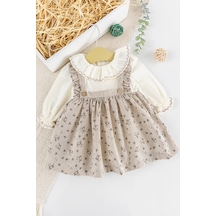Çiçek Desenli Fırfırlı Keten Kız Bebek Elbise 001