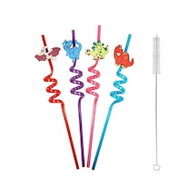 5 Parça Renkli Pipet Seti - Emojili Spiral Kokteyl- Çocuk Pipeti Temizleme Fırçalı