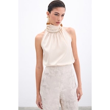 Boğazlı Kolsuz Bluz - Bej-135951 Bej