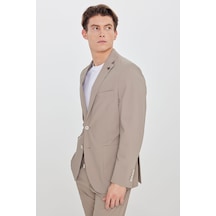 Erkek Bej Slim Fit Dar Kesim Mono Yaka Torba Cepli Esnek Takım Elbise Bej