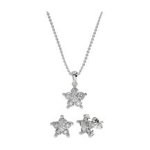 Roza Silver Zirkon Taşlı Rodyum Manolya Çiçeği Kolye Küpe 2'li Gümüş Set Rs10038