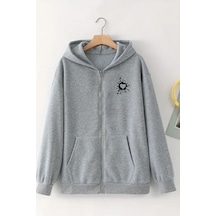 Unisex Gri Kapüşonlu Fermuarlı Hırka Gri