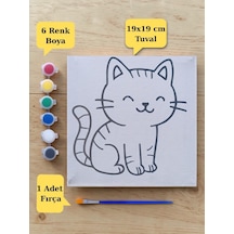 Sevimli Kedi Baskılı Tuval Boyama Aktivite Seti 19x19 Cm Tuval, Fırça Ve 6 Renk Akrilik Boya Seti