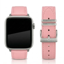 Goldoni Apple Watch Uyumlu Pembe İnce Gerçek Deri Kordonu Metal Köprülü