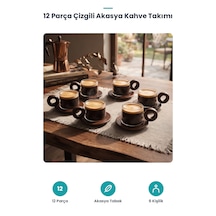 12 Parça Çizgili Akasya Kahve Takımı - 6 Parça Fincan Tabağı - 6 Parça Çizgili Desenli Cam Şeffaf