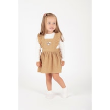 Nehirim Kids Kız Çocuk Pamuk Uzun Kollu Badili Salopet Mevsimlik Elbise 2-3-4-5 Yaş Bej