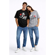 King Queen Sevgili Kombini Çift Tişört Matching Couple Oversize U Siyah-antrasit