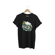 Balıkçılık Levrek Balığı Ve Teknede Olta Ile Balık Tutmak %100 Pamuk Regular Fit Siyah T-shirt Siyah