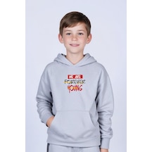 Kapüşonlu Kanguru Cepli Foreever Baskı Detaylı Erkek Çocuk Sweatshirt Gri