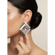 Çift Kare Model İçiçe Spiral Silver Gümüş Renk Küpe 5cm Gümüş
