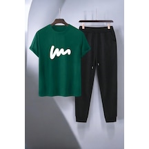 Uyguntarz Unisex W Yazı Tasarım Basklı Tshirt Eşofman Takımı Yeşil