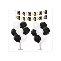 2 Adet Ayaklı Balon Standı 7li Set, 14 Adet Taraftar Siyah-beyaz Balon+banner Tüm Yaşlar