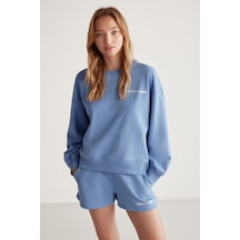 Grimelange Jennıfer Kadın Organik Pamuklu Nakışlı Yuvarlak Yakalı Oversize Mavi Sweatshirt Mavi
