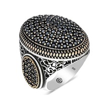Gümüş Siyah Zirkon Taşlı Oval Erkek Yüzük - 555892869