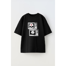 Thewert Unisex Trash Can Tv Tasarım Baskılı Pamuk Sıyah Oversize T-shirt Siyah