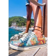 Kadın Vegan Deri Turkuaz Sneakers - Love Tasarım Çok Renkli