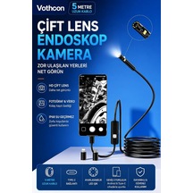 Vothoon 5 Metre Çift Kameralı İos/android Uyumlu Yılan Endoskop Kamera 8mm 2mp Led'li Sert Kablo