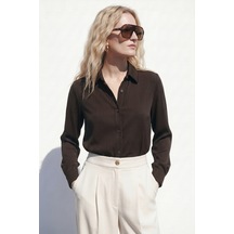 Sateen Çizgi Desen Gömlek - Kahve-137543