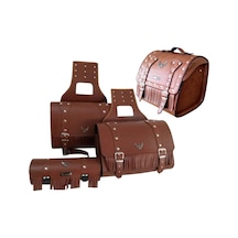Motosiklet 4'lü Set Takım Deri Yan Heybe Sosis Ve Arka Çanta Chopper Kahverengi Model Motor Çantası Çok Renkli
