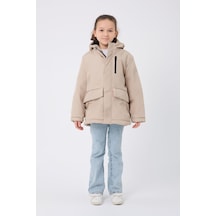 Spor Kız Çocuk Kürklü Su Ve Rüzgar Geçirmez Kapüşonlu 3 Mont Parka-121 Taş