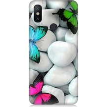 Xiaomi Redmi Note 6 Pro Uyumlu Mavi Yeşil Pembe Kelebekler Ve Beyaz Taşlar Desenli Silikon Kılıf