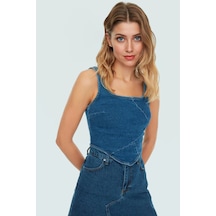 Ersefa Pamuklu Denim Bluz Crop Kesim Kare Yaka Yazlık Kaliteli İşçilik Z Mavi