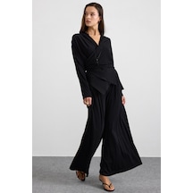 Olcay Asimetrik Kesim Şalvar Pantolon Kimono Takım Siyah 9475-tk