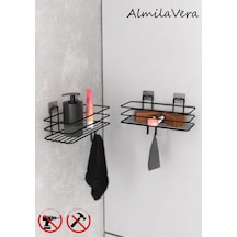 Siyah Güçlü Yapışkanlı Kancalı Banyo Rafı 2 Adet. Siyah
