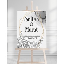 Söz Nişan Düğün İçin 50x70 Karşılama Panosu - Gri Renkli Çiçek Tasarımlı Beyaz