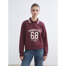 Lcw Modest Mürdüm Polo Yaka Manhattan Baskılı Kadın Kalın Sweatshirt
