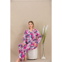 Hrşytrend Herşeytrend Büyük Beden Renkli Yaprak Desenli Düğmeli Uzun Kol Viskon Pijama Takımı Görsel