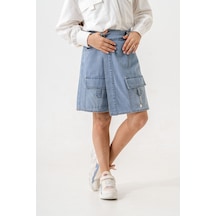 Kız Çocuk Şeritli Kot Şort Etek 2875 Açık Mavi