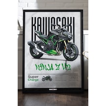 Kawasaki Ninja Z H2 Siyah Ahşap Çerçeveli Poster, Dekoratif Motosiklet Duvar Tablosu