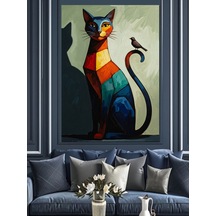 Geometrik Renkli Modern Kedi Tablosu Dekoratif Kanvas - Mdf Ahşap Tablo